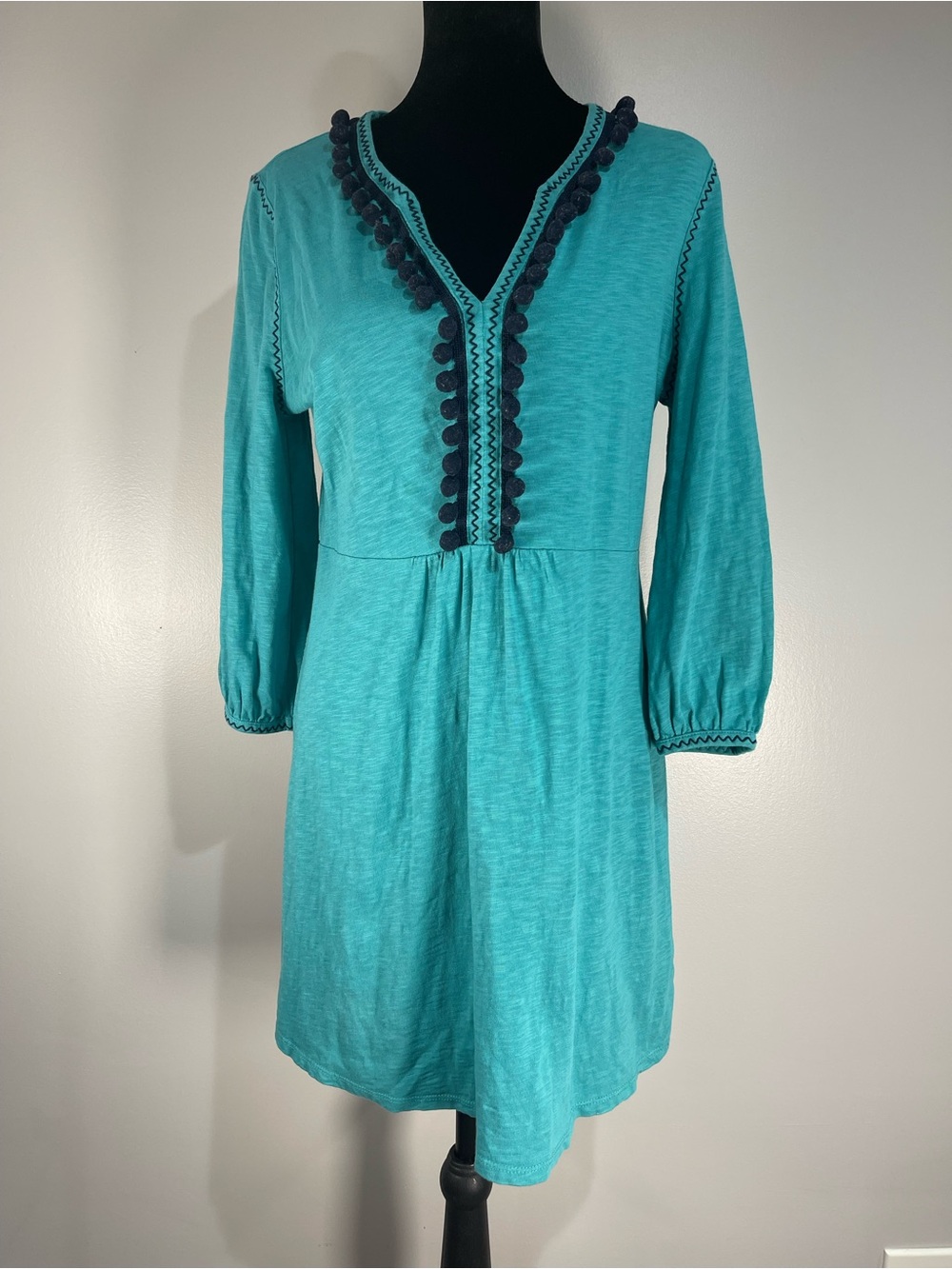 Boden Turquoise Long-Sleeve Cotton V-Neck Dress with Navy Pom Pom Trim US 8